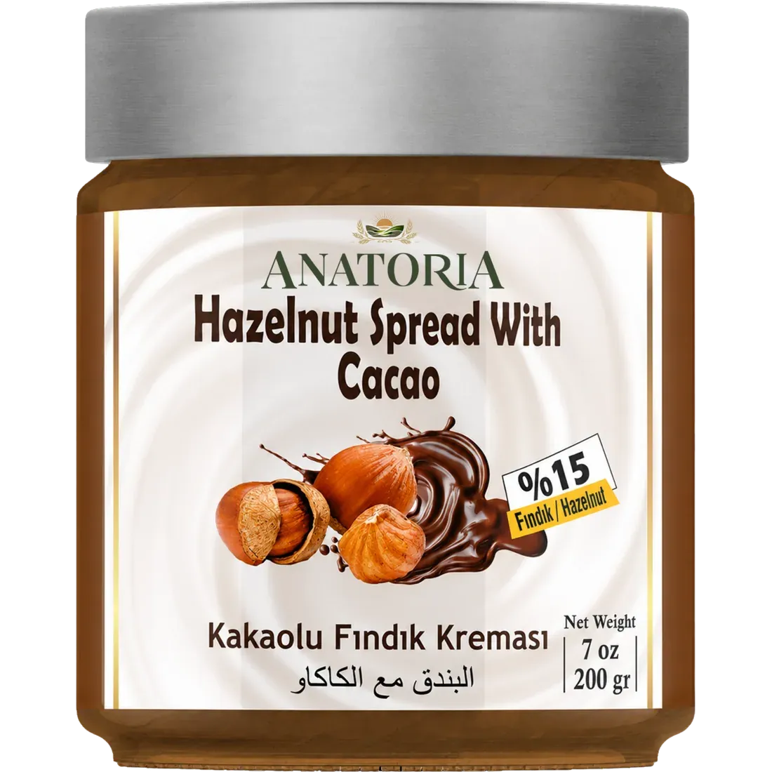 Anatoria Hazelnut Spread with Cacao in a 200 gr glass jar